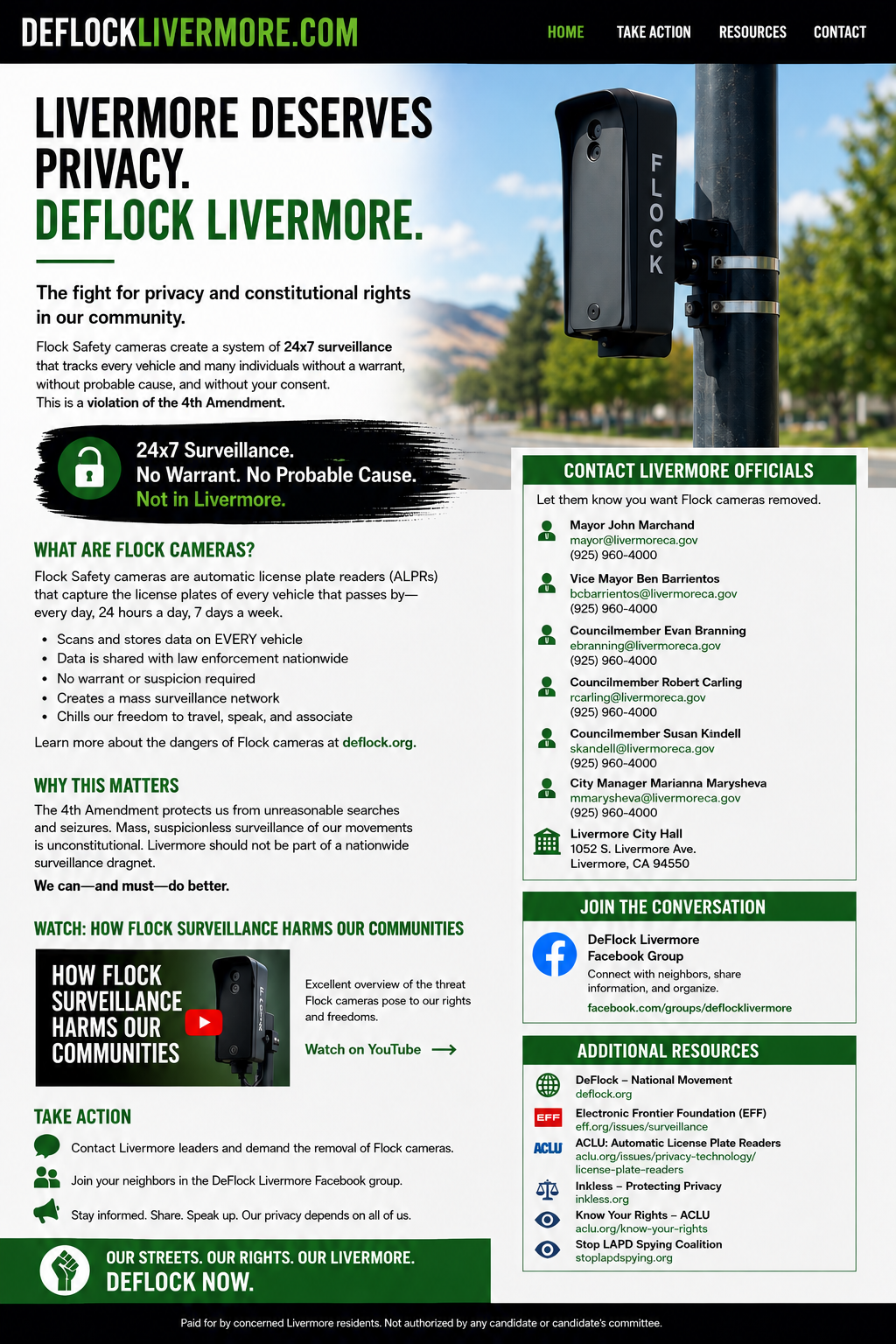 Advocacy illustration showing a Flock-style automated license plate reader mounted on a roadside pole